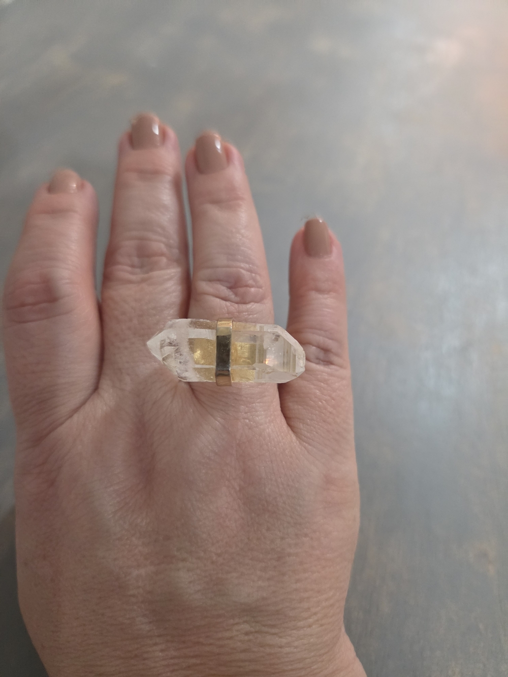 Lemurian Clear Quartz Double-Terminated Ring with Gold Accent